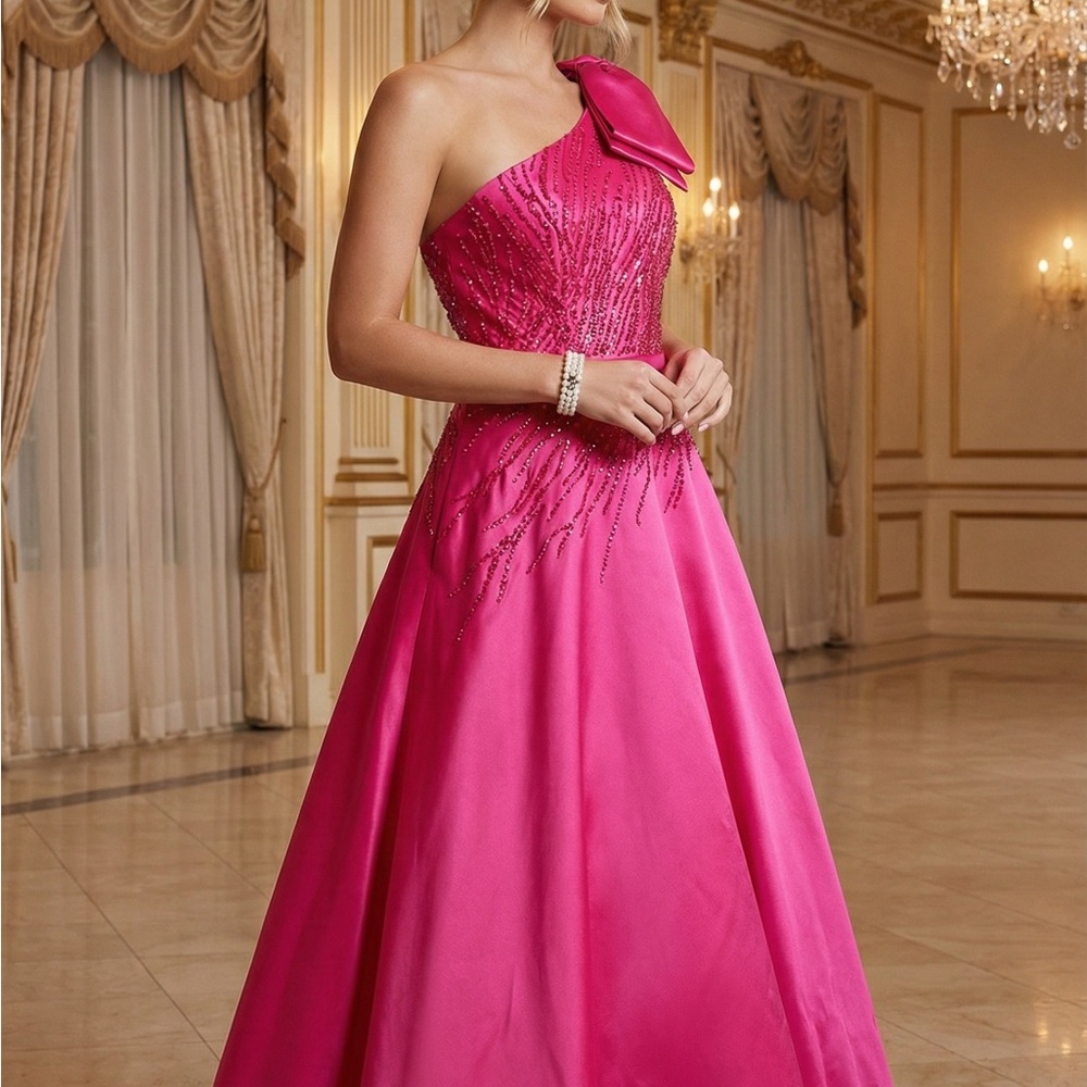 Camille La Vie Fuchsia One-Shoulder Gown